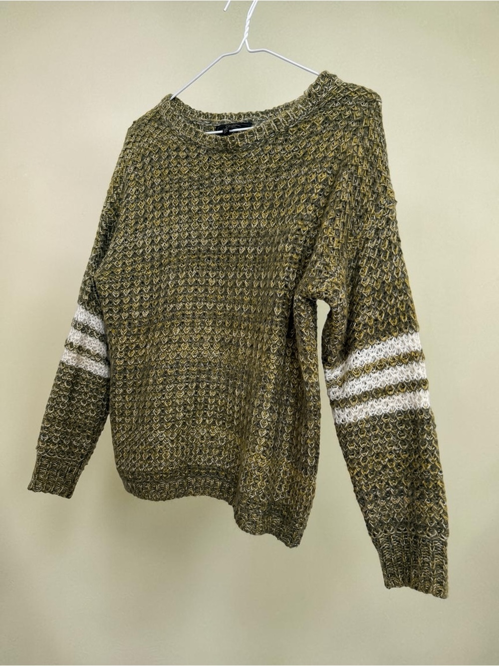 Jessica Simpson Olive Green Crewneck Sweater with White Sleeve Stripes